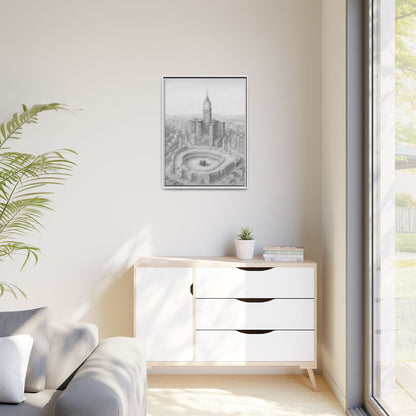 Black & White Kaaba & Clock Tower Drawing – Framed Canvas