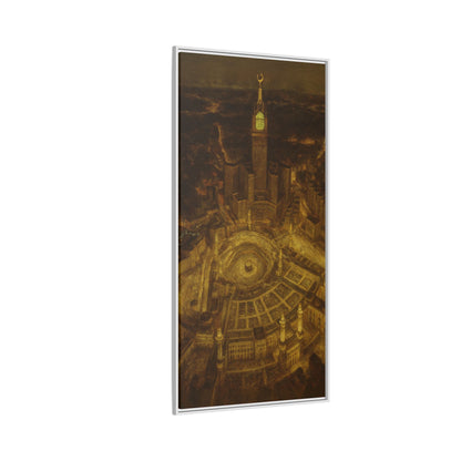 Golden Night Kaaba & Clock Tower – Aerial View Framed Canvas