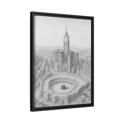 Black & White Kaaba & Clock Tower Drawing – Framed Canvas