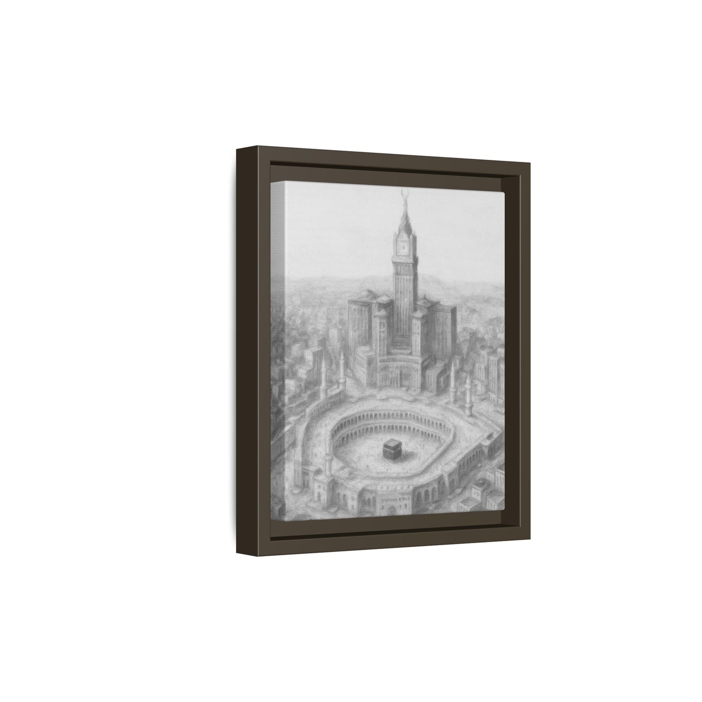 Black & White Kaaba & Clock Tower Drawing – Framed Canvas