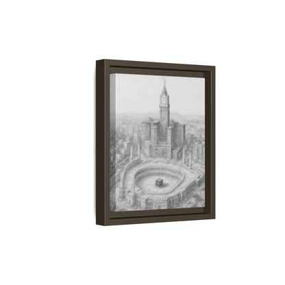 Black & White Kaaba & Clock Tower Drawing – Framed Canvas
