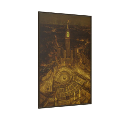 Golden Night Kaaba & Clock Tower – Aerial View Framed Canvas