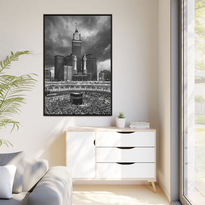 Black & White Makkah Clock Tower & Kaaba – Framed Canvas