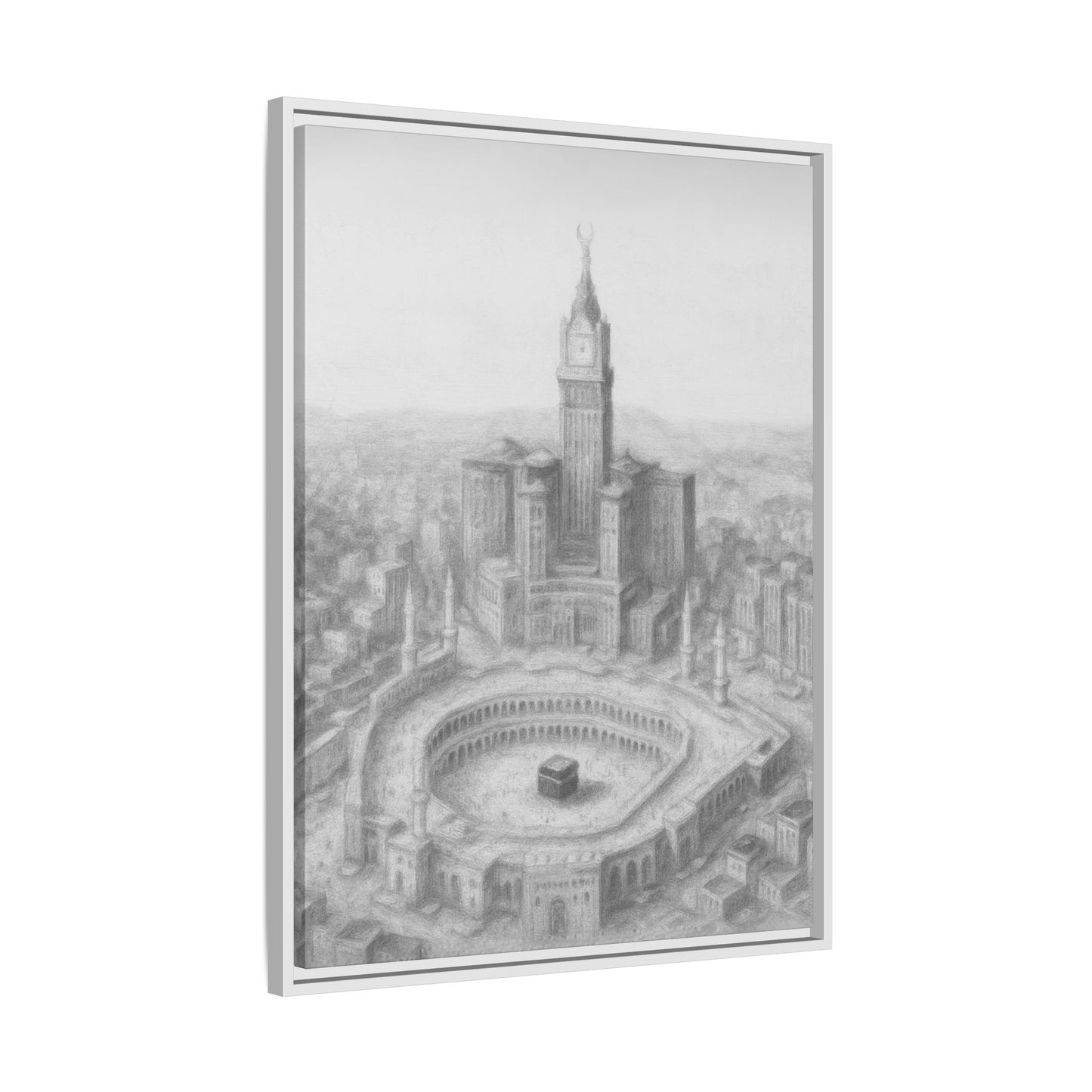 Black & White Kaaba & Clock Tower Drawing – Framed Canvas