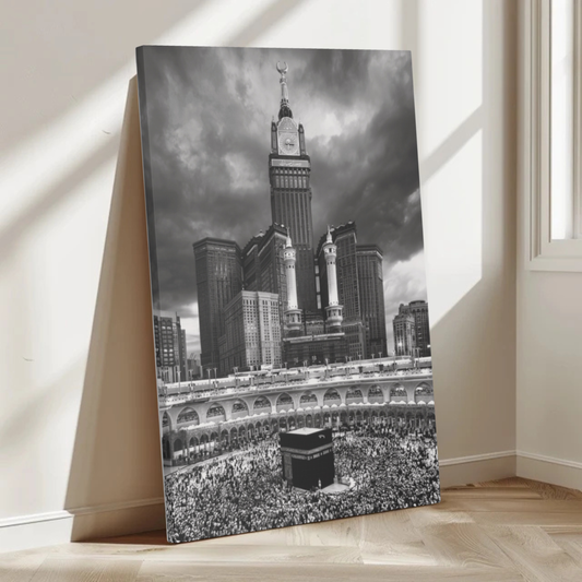 Black & White Kaaba Canvas – Mecca Islamic Wall Art (1.25" Depth)