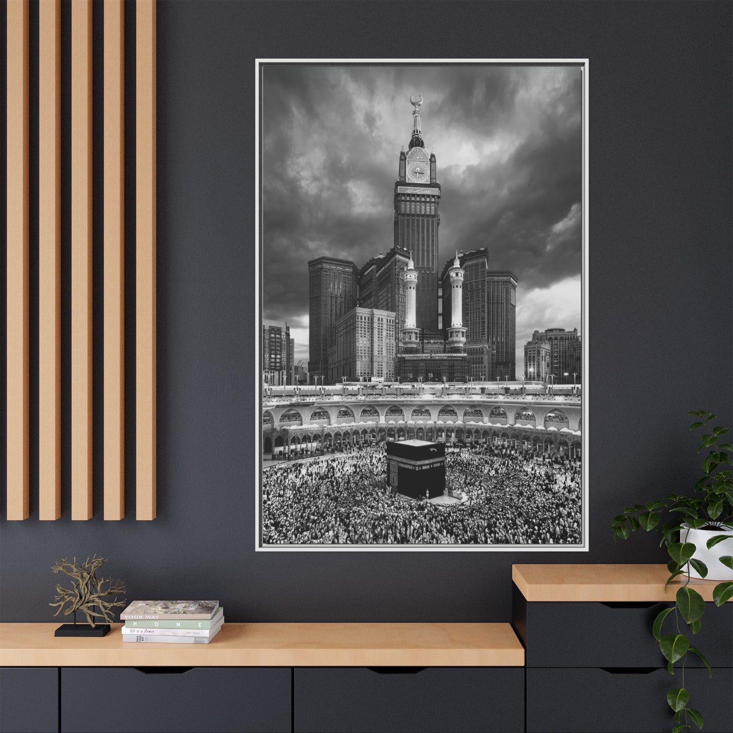 Black & White Makkah Clock Tower & Kaaba – Framed Canvas