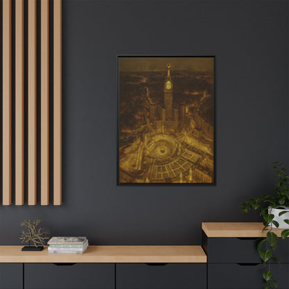 Golden Night Kaaba & Clock Tower – Aerial View Framed Canvas