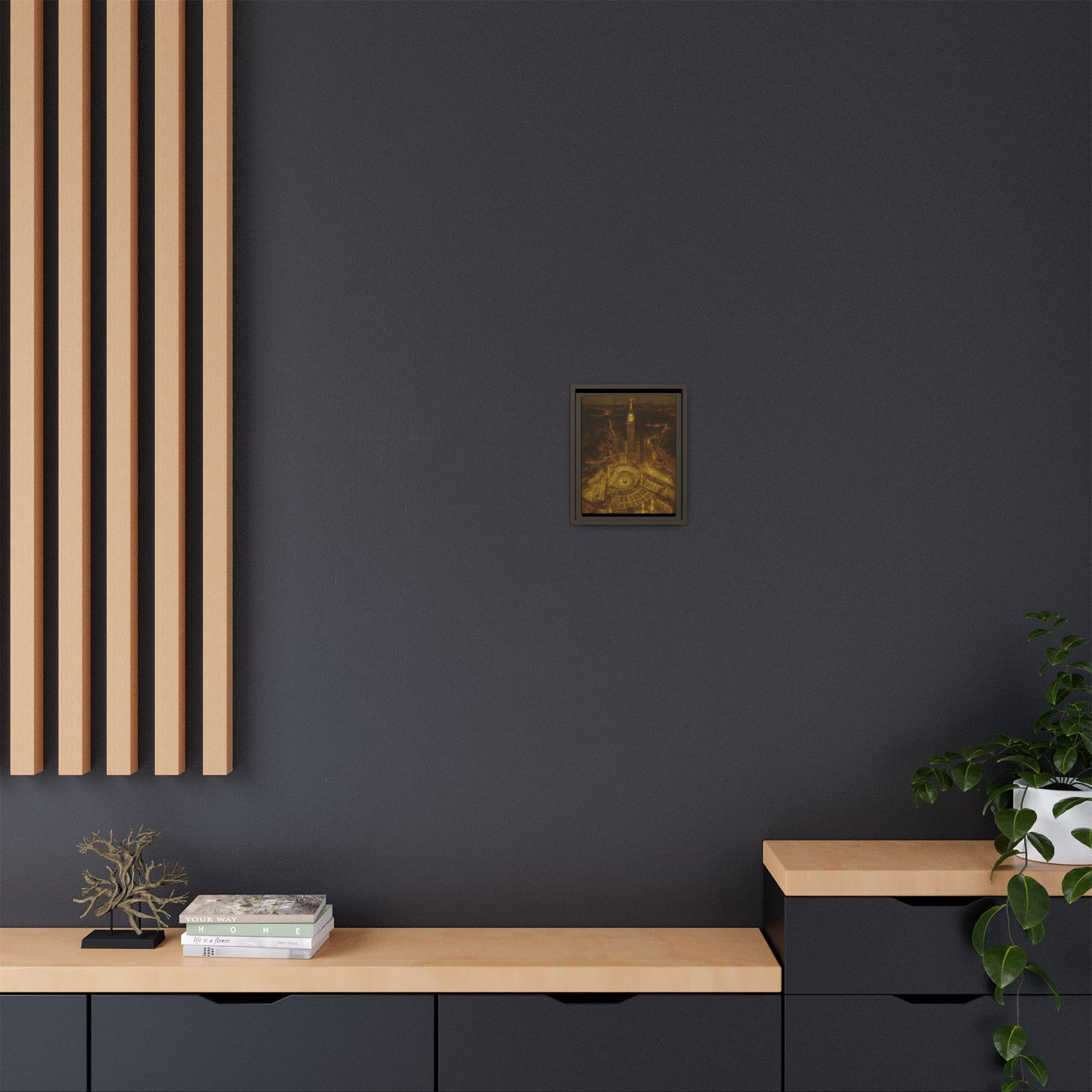 Golden Night Kaaba & Clock Tower – Aerial View Framed Canvas