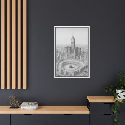 Black & White Kaaba & Clock Tower Drawing – Framed Canvas