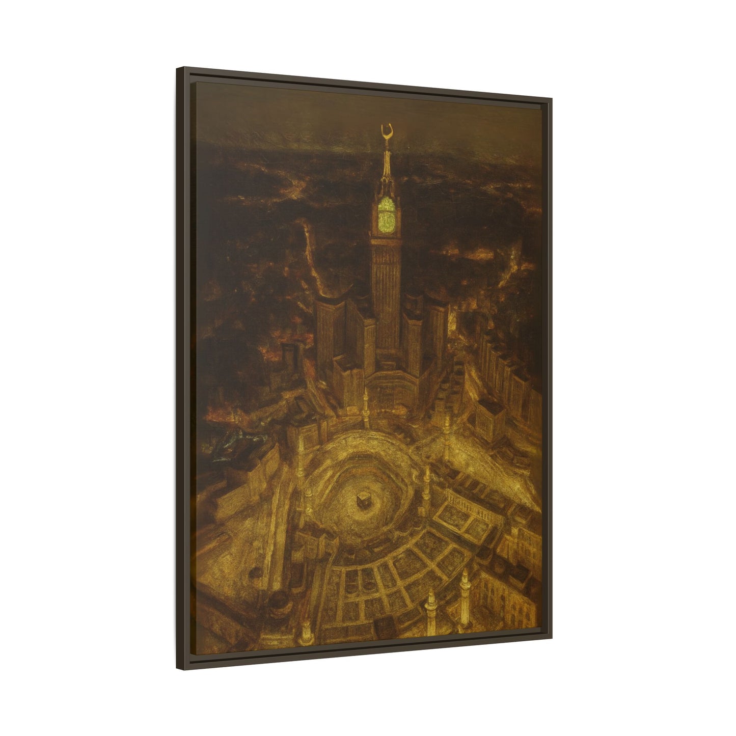 Golden Night Kaaba & Clock Tower – Aerial View Framed Canvas