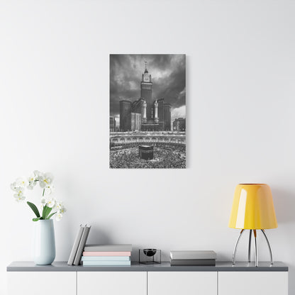 Black & White Kaaba Canvas – Mecca Islamic Wall Art (1.25" Depth)