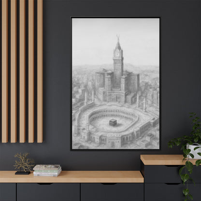 Black & White Kaaba & Clock Tower Drawing – Framed Canvas