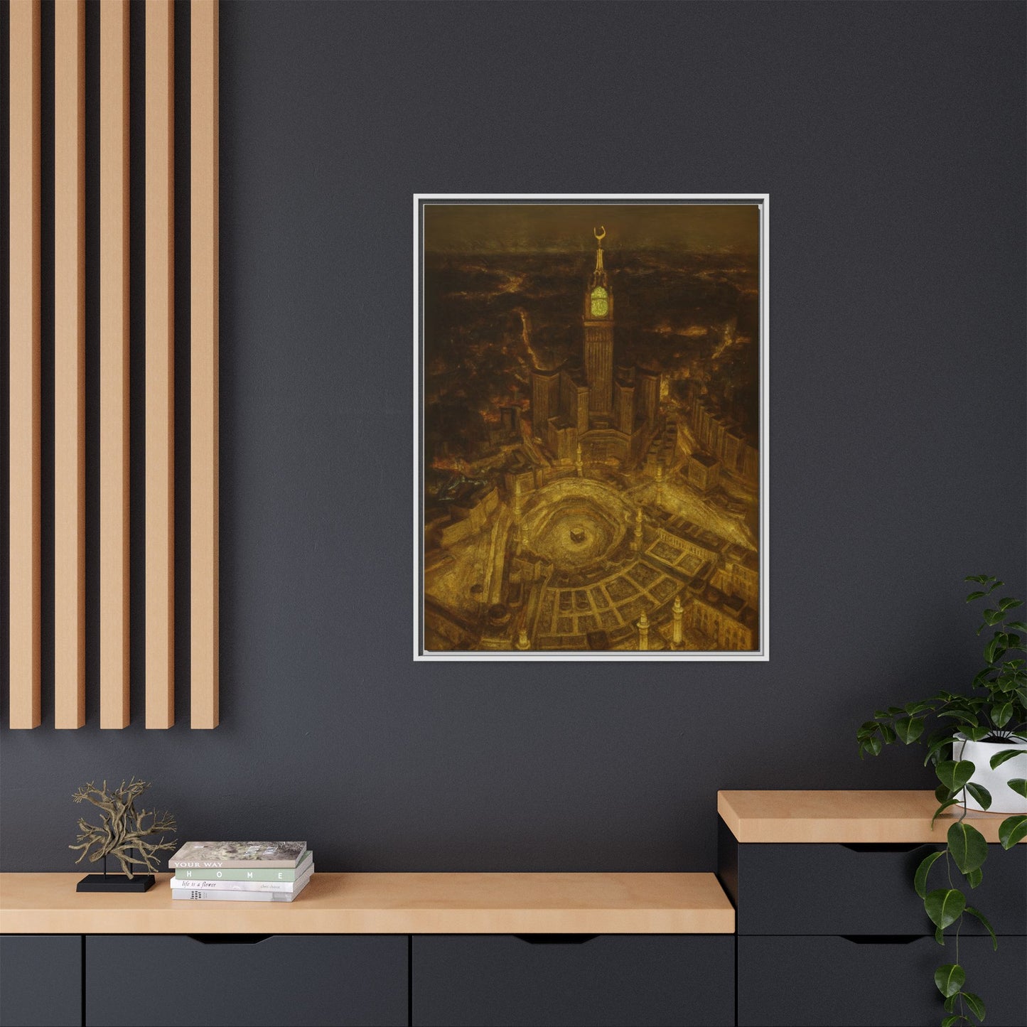 Golden Night Kaaba & Clock Tower – Aerial View Framed Canvas