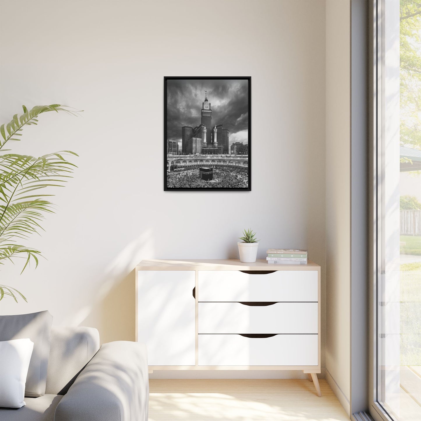 Black & White Makkah Clock Tower & Kaaba – Framed Canvas