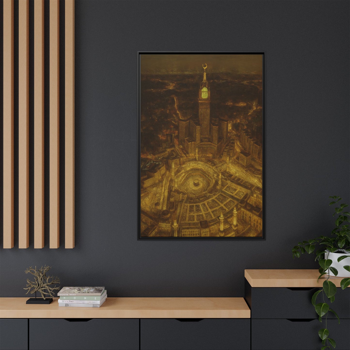 Golden Night Kaaba & Clock Tower – Aerial View Framed Canvas