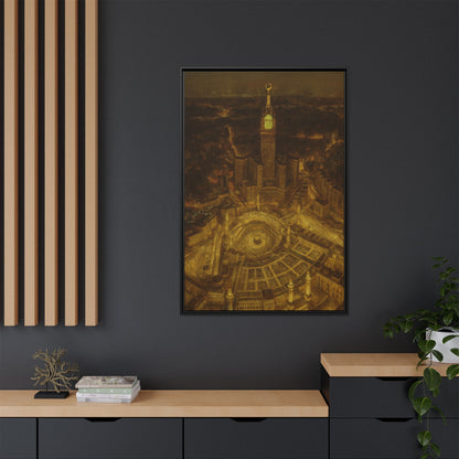 Golden Night Kaaba & Clock Tower – Aerial View Framed Canvas
