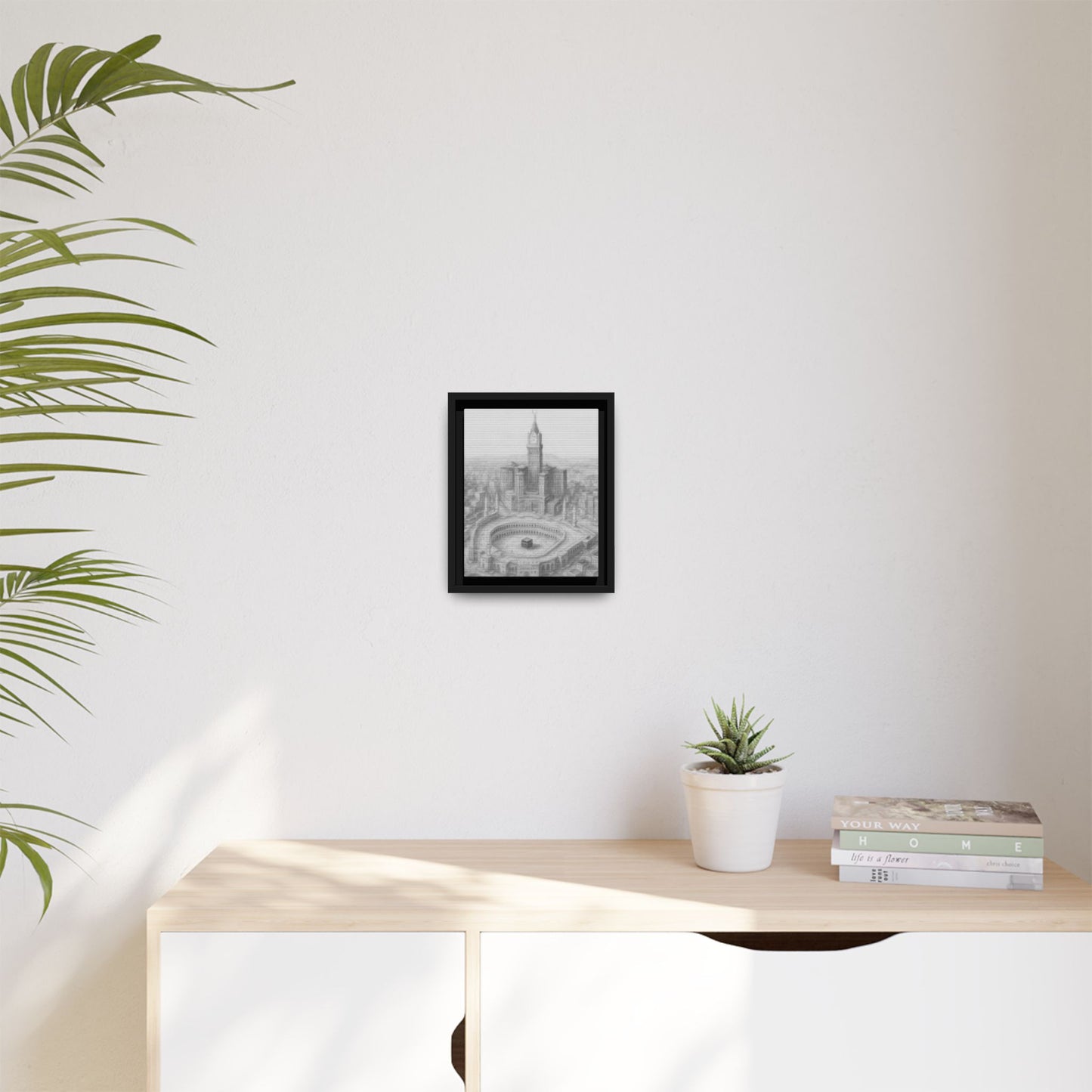 Black & White Kaaba & Clock Tower Drawing – Framed Canvas