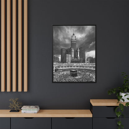 Black & White Makkah Clock Tower & Kaaba – Framed Canvas
