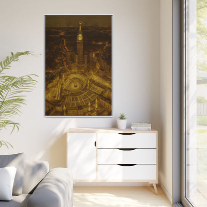 Golden Night Kaaba & Clock Tower – Aerial View Framed Canvas