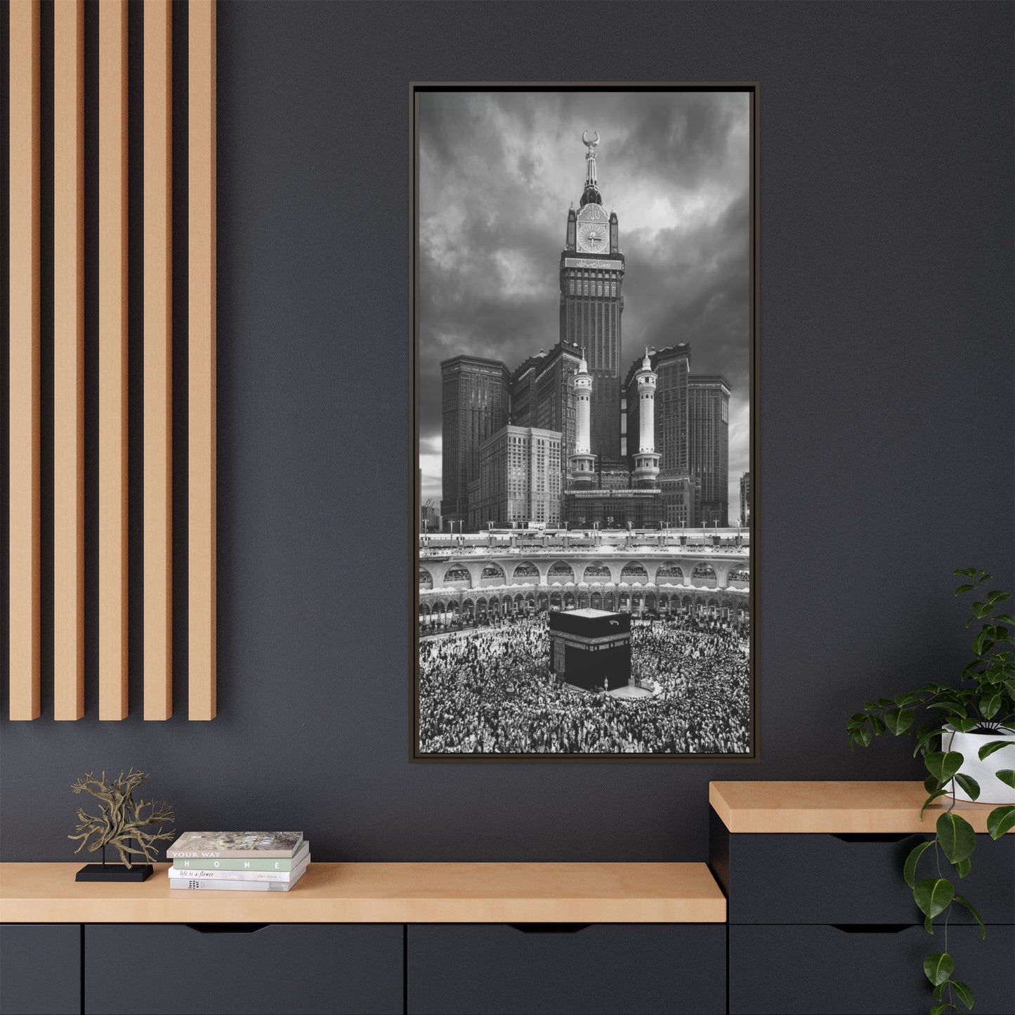 Black & White Makkah Clock Tower & Kaaba – Framed Canvas