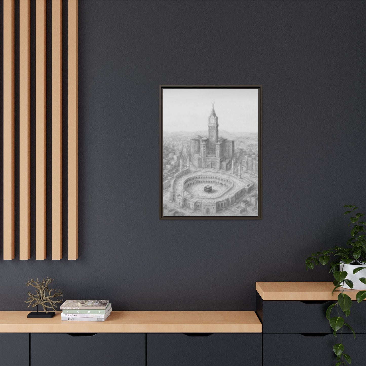 Black & White Kaaba & Clock Tower Drawing – Framed Canvas