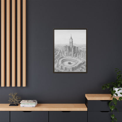 Black & White Kaaba & Clock Tower Drawing – Framed Canvas