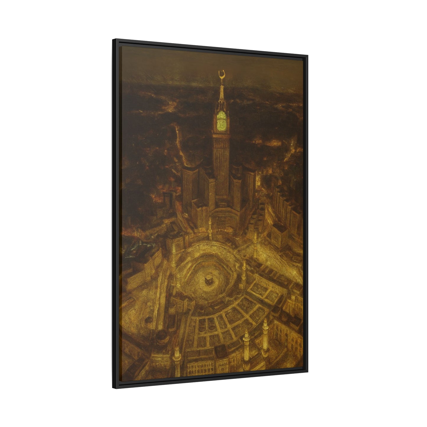 Golden Night Kaaba & Clock Tower – Aerial View Framed Canvas
