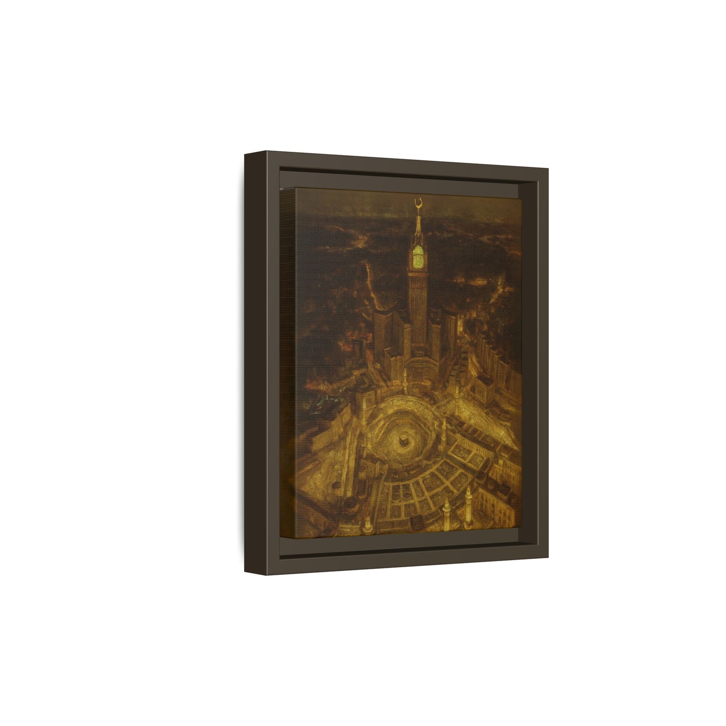 Golden Night Kaaba & Clock Tower – Aerial View Framed Canvas