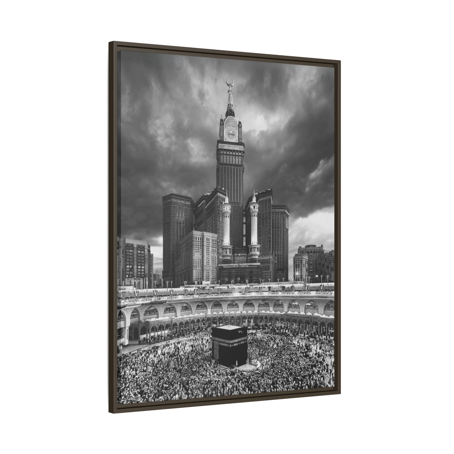 Black & White Makkah Clock Tower & Kaaba – Framed Canvas