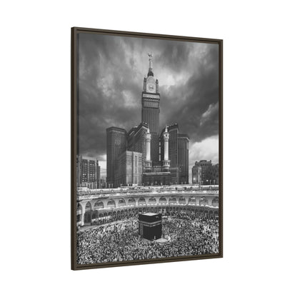 Black & White Makkah Clock Tower & Kaaba – Framed Canvas