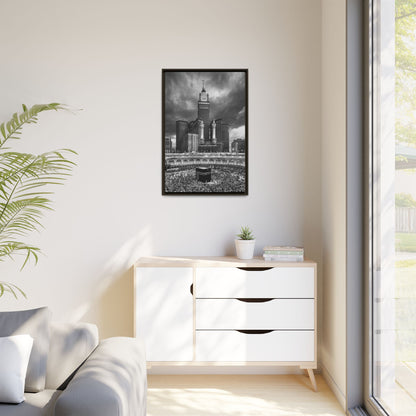 Black & White Makkah Clock Tower & Kaaba – Framed Canvas