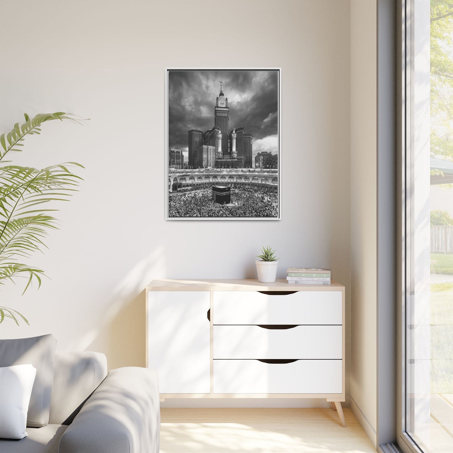 Black & White Makkah Clock Tower & Kaaba – Framed Canvas