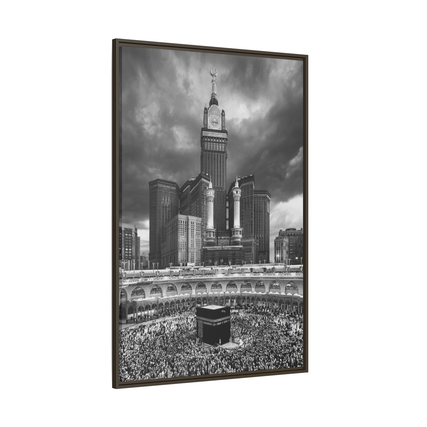 Black & White Makkah Clock Tower & Kaaba – Framed Canvas