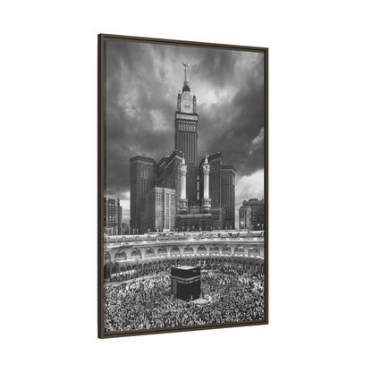 Black & White Makkah Clock Tower & Kaaba – Framed Canvas