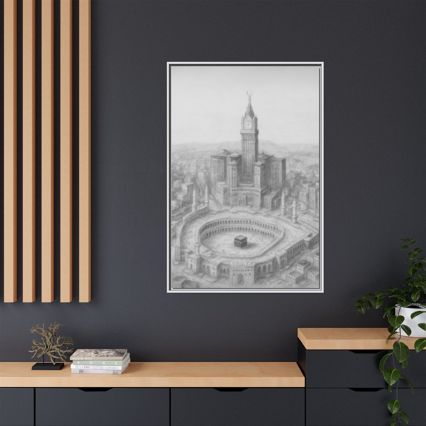 Black & White Kaaba & Clock Tower Drawing – Framed Canvas