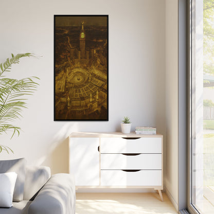 Golden Night Kaaba & Clock Tower – Aerial View Framed Canvas