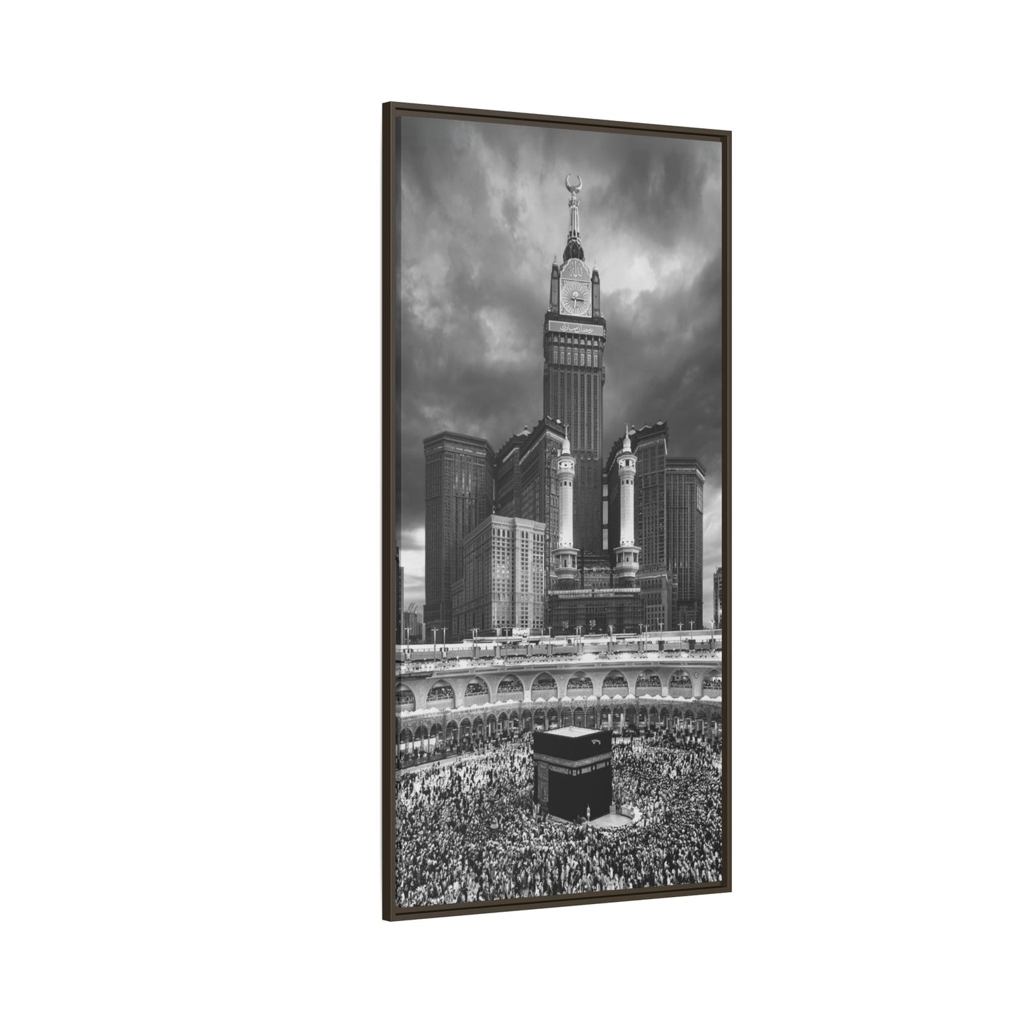 Black & White Makkah Clock Tower & Kaaba – Framed Canvas