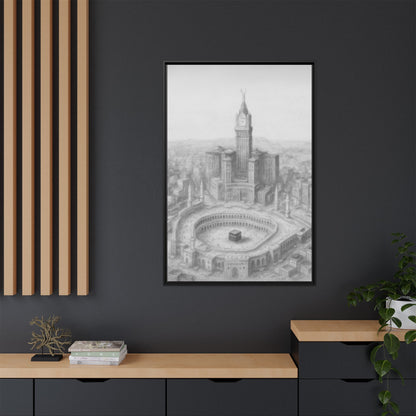 Black & White Kaaba & Clock Tower Drawing – Framed Canvas