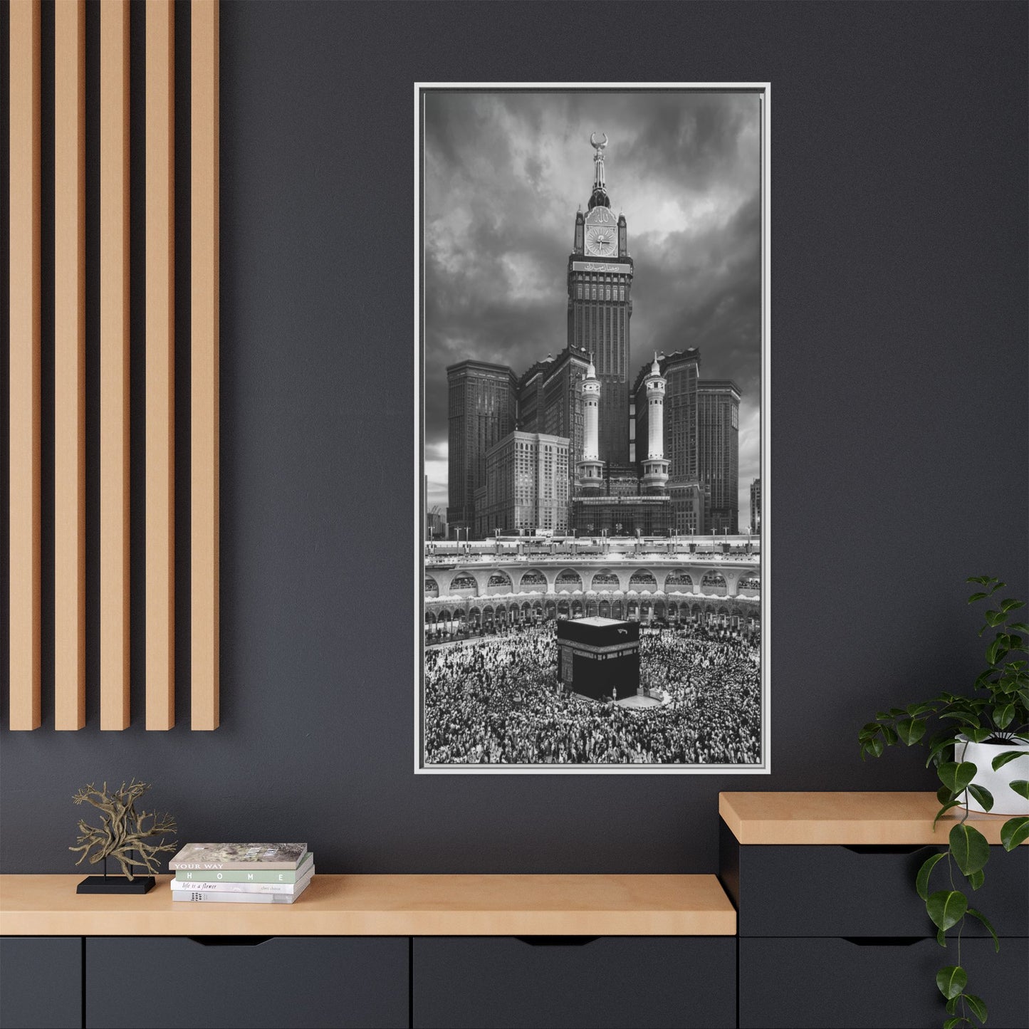 Black & White Makkah Clock Tower & Kaaba – Framed Canvas