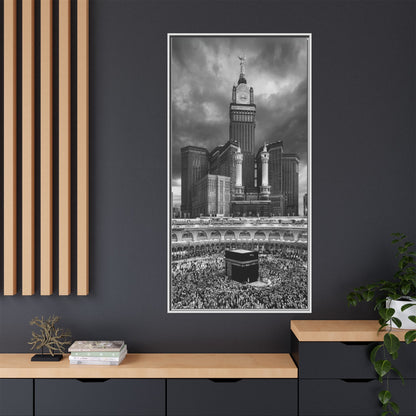 Black & White Makkah Clock Tower & Kaaba – Framed Canvas
