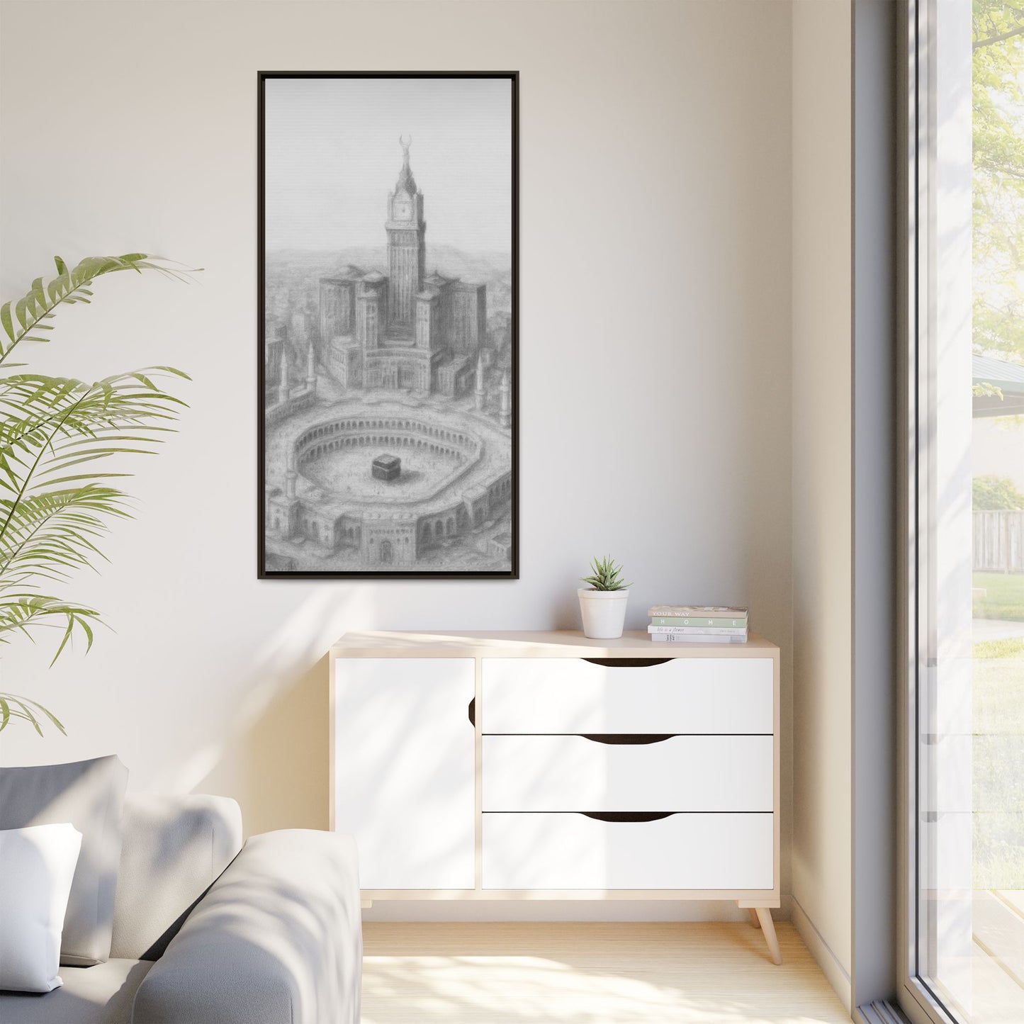 Black & White Kaaba & Clock Tower Drawing – Framed Canvas
