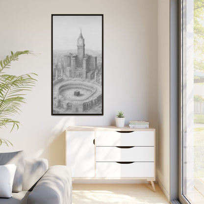 Black & White Kaaba & Clock Tower Drawing – Framed Canvas