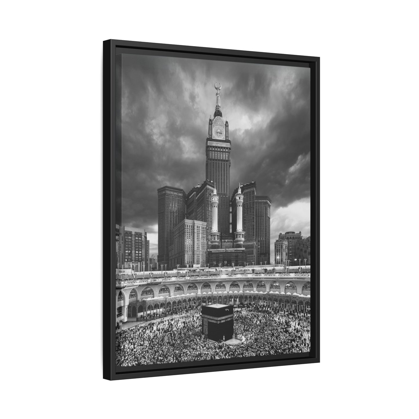 Black & White Makkah Clock Tower & Kaaba – Framed Canvas