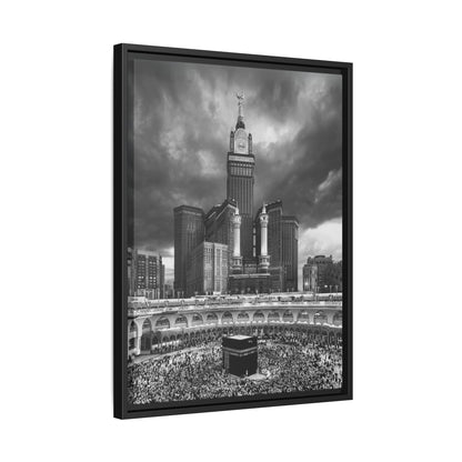 Black & White Makkah Clock Tower & Kaaba – Framed Canvas