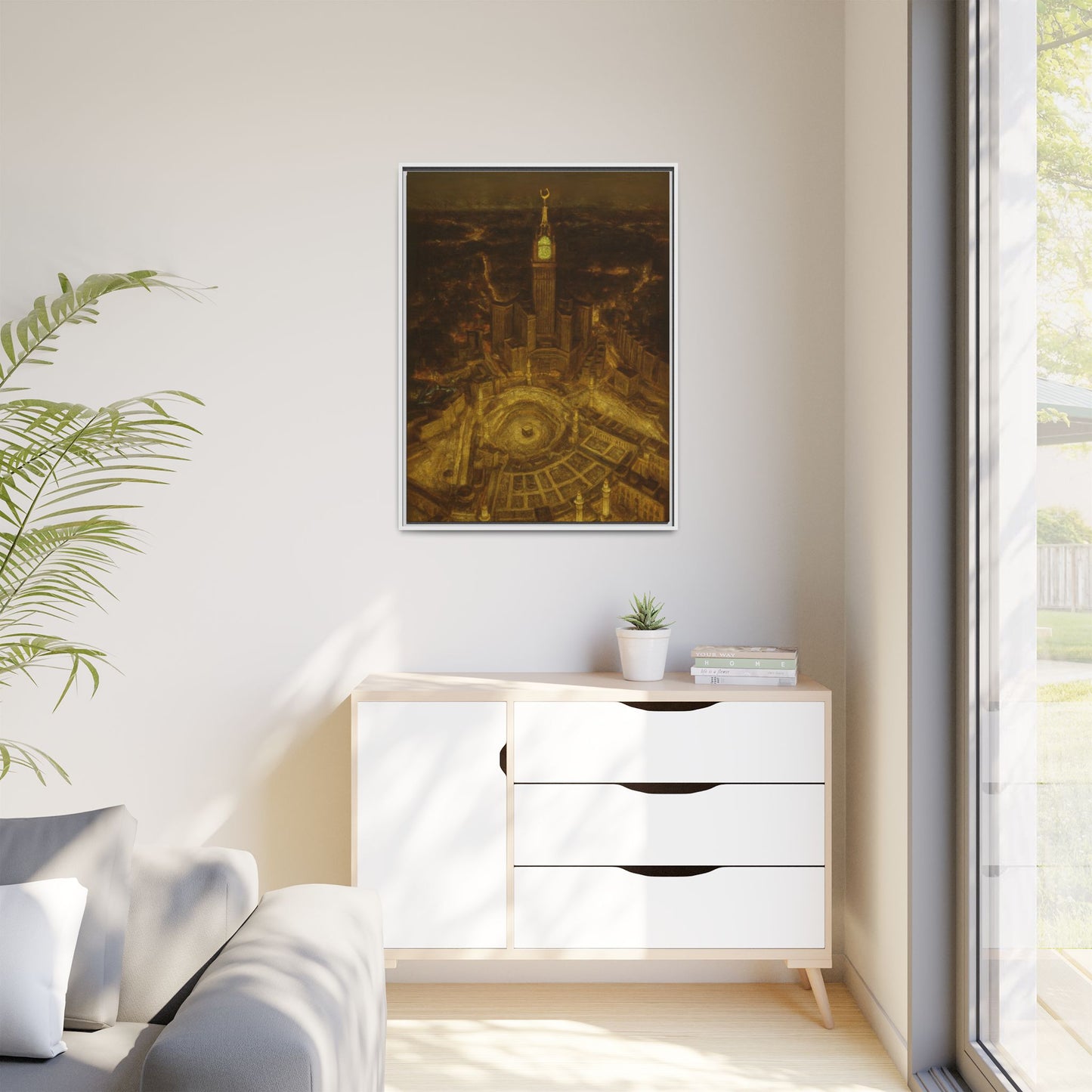 Golden Night Kaaba & Clock Tower – Aerial View Framed Canvas