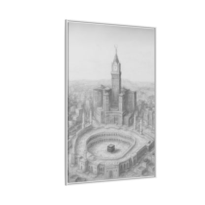 Black & White Kaaba & Clock Tower Drawing – Framed Canvas