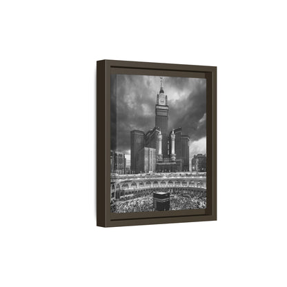 Black & White Makkah Clock Tower & Kaaba – Framed Canvas