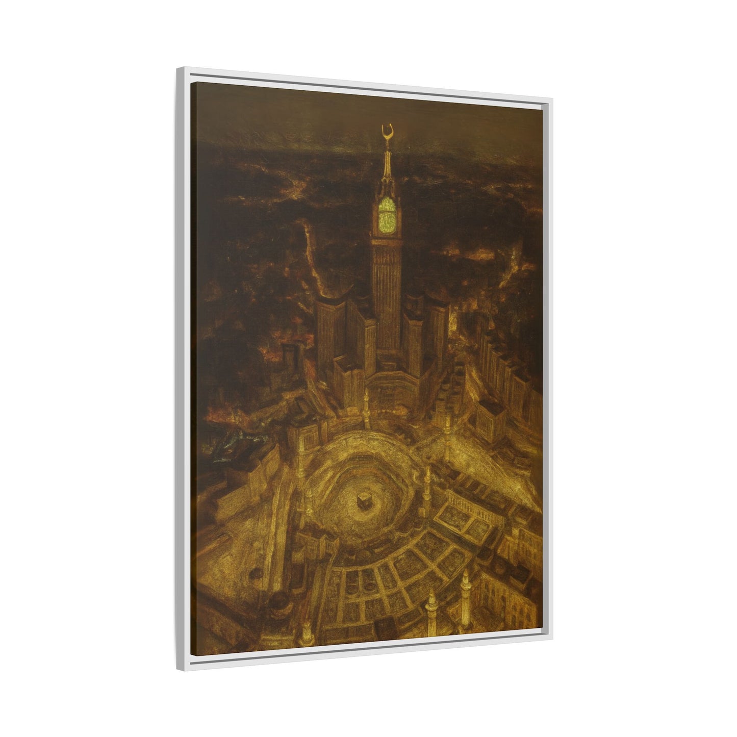 Golden Night Kaaba & Clock Tower – Aerial View Framed Canvas
