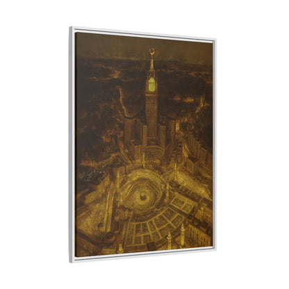 Golden Night Kaaba & Clock Tower – Aerial View Framed Canvas