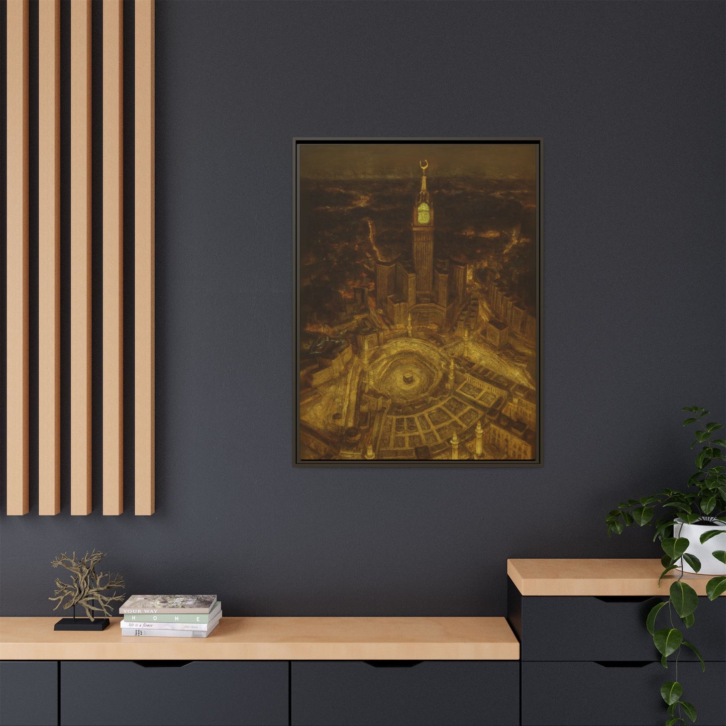 Golden Night Kaaba & Clock Tower – Aerial View Framed Canvas